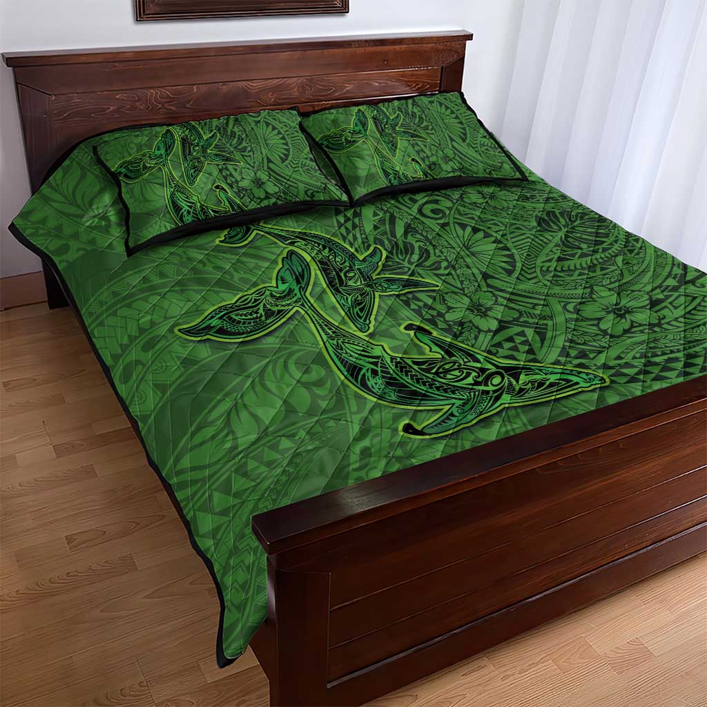 Hawaiian Whales Polynesian Art Motifs Quilt Bed Set Green Color LT03 - Polynesian Pride