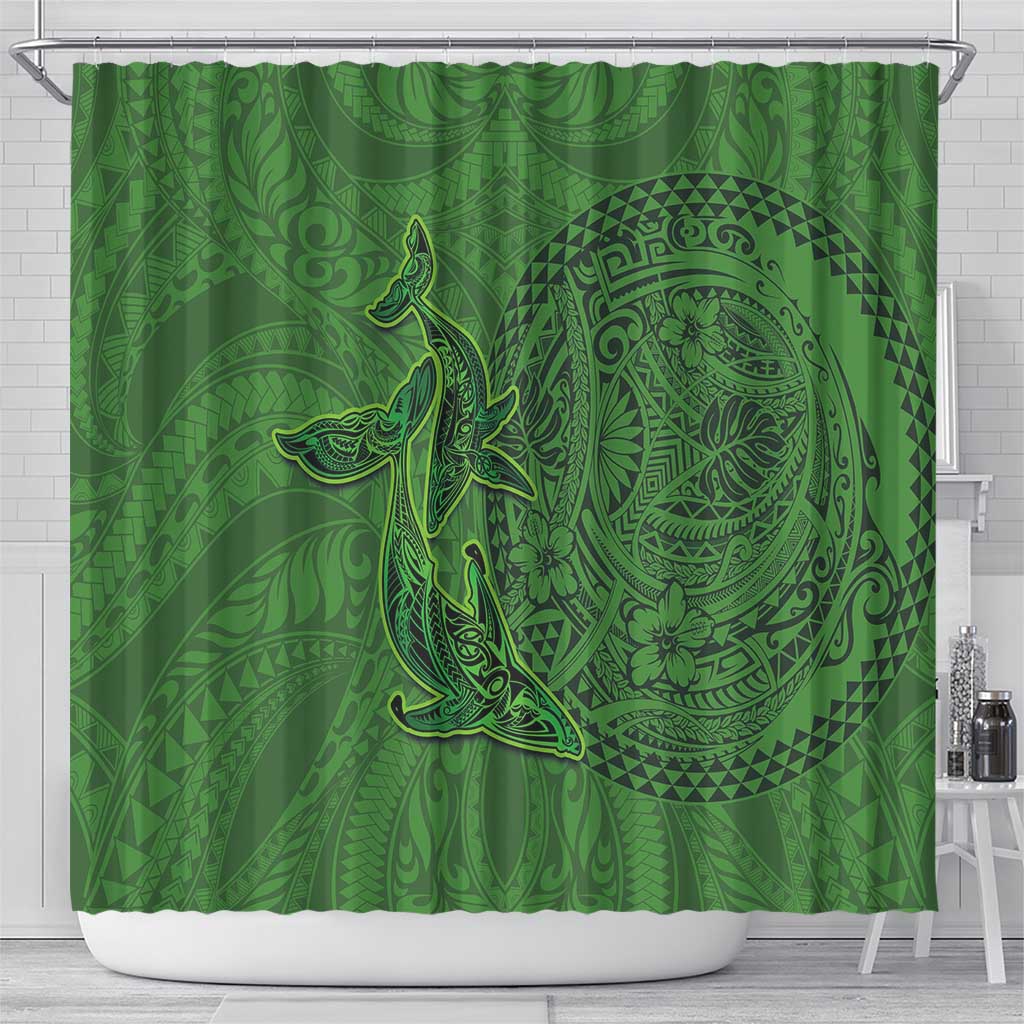 Hawaiian Whales Polynesian Art Motifs Shower Curtain Green Color LT03 - Polynesian Pride