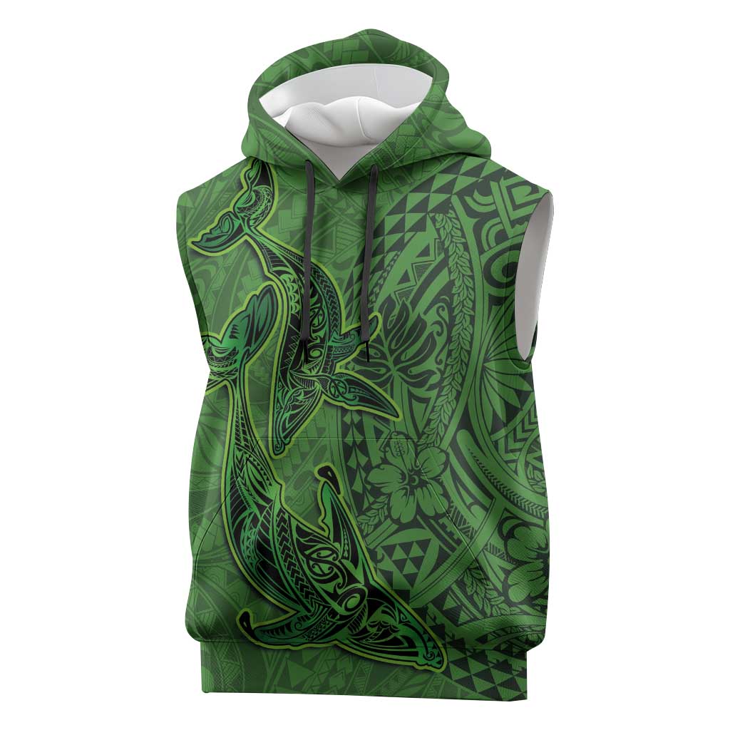 Hawaiian Whales Polynesian Art Motifs Sleeveless Hoodie Green Color - Polynesian Pride