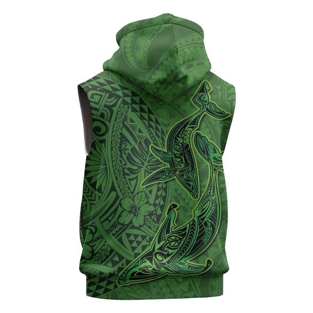 Hawaiian Whales Polynesian Art Motifs Sleeveless Zip Hoodie Green Color - Polynesian Pride