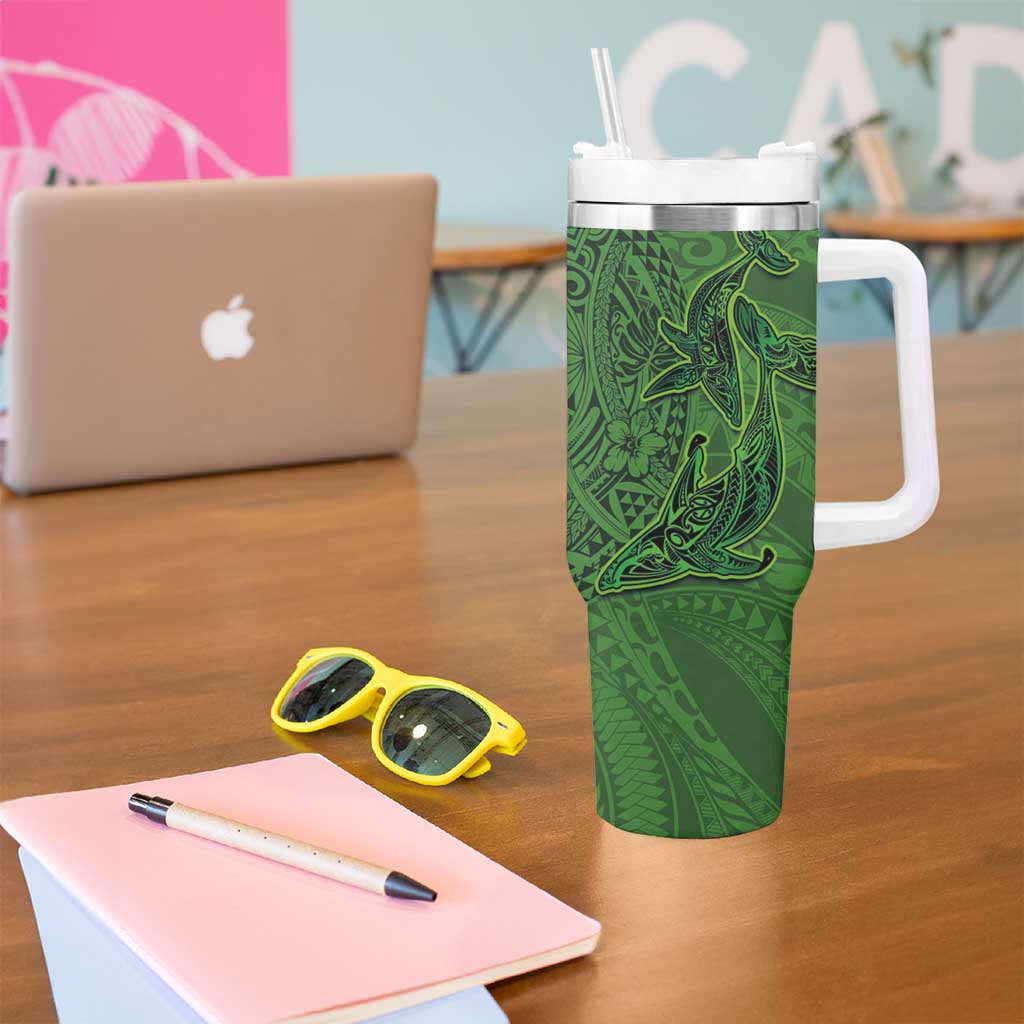 Hawaiian Whales Polynesian Art Motifs Tumbler With Handle Green Color - Polynesian Pride