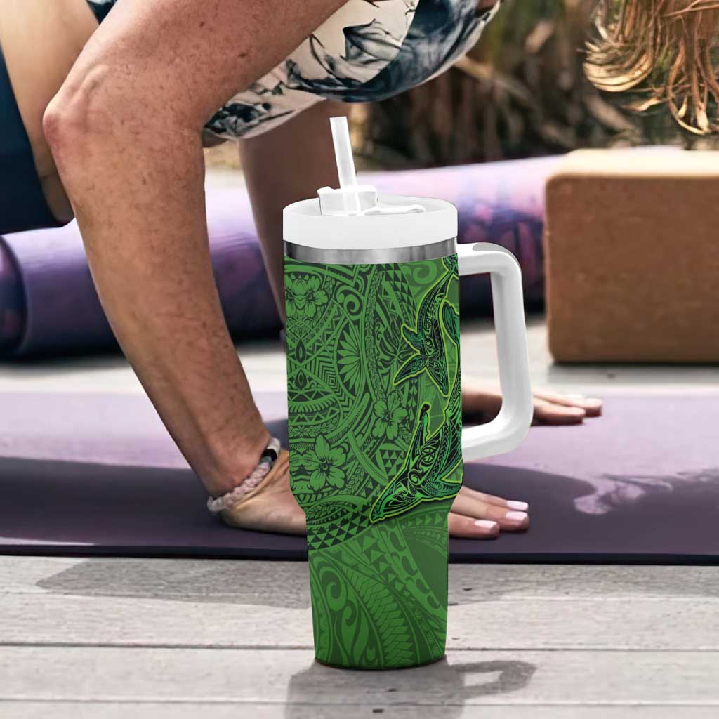 Hawaiian Whales Polynesian Art Motifs Tumbler With Handle Green Color - Polynesian Pride