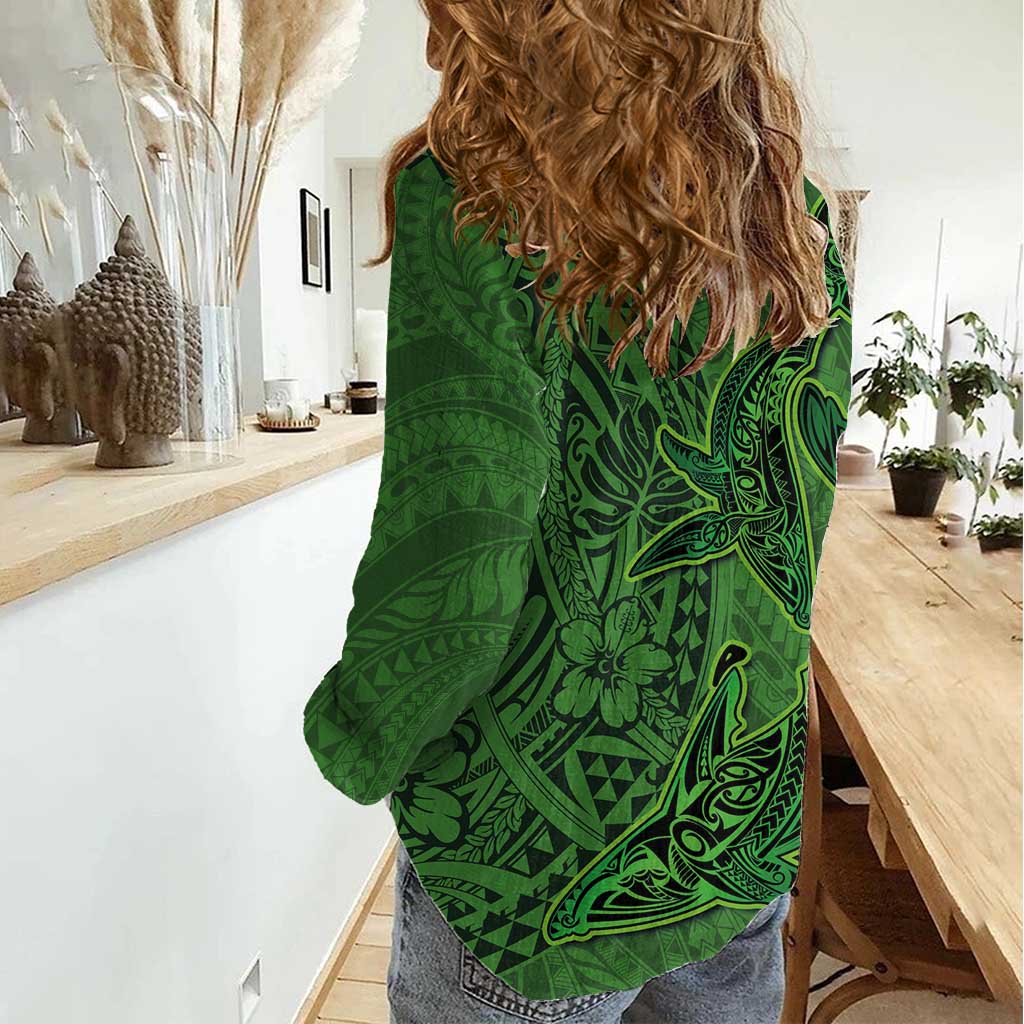 Hawaiian Whales Polynesian Art Motifs Women Casual Shirt Green Color LT03 - Polynesian Pride