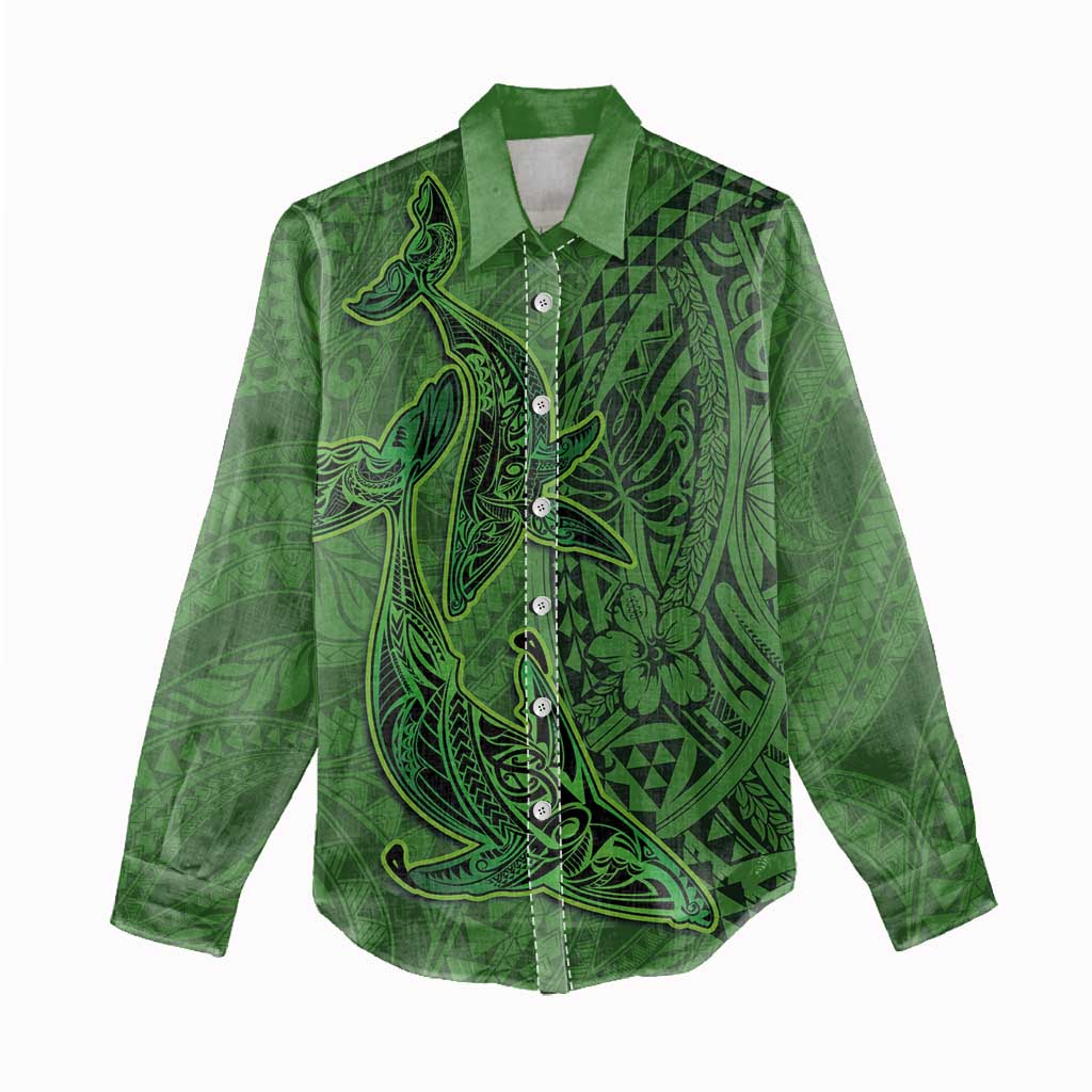 Hawaiian Whales Polynesian Art Motifs Women Casual Shirt Green Color LT03 - Polynesian Pride