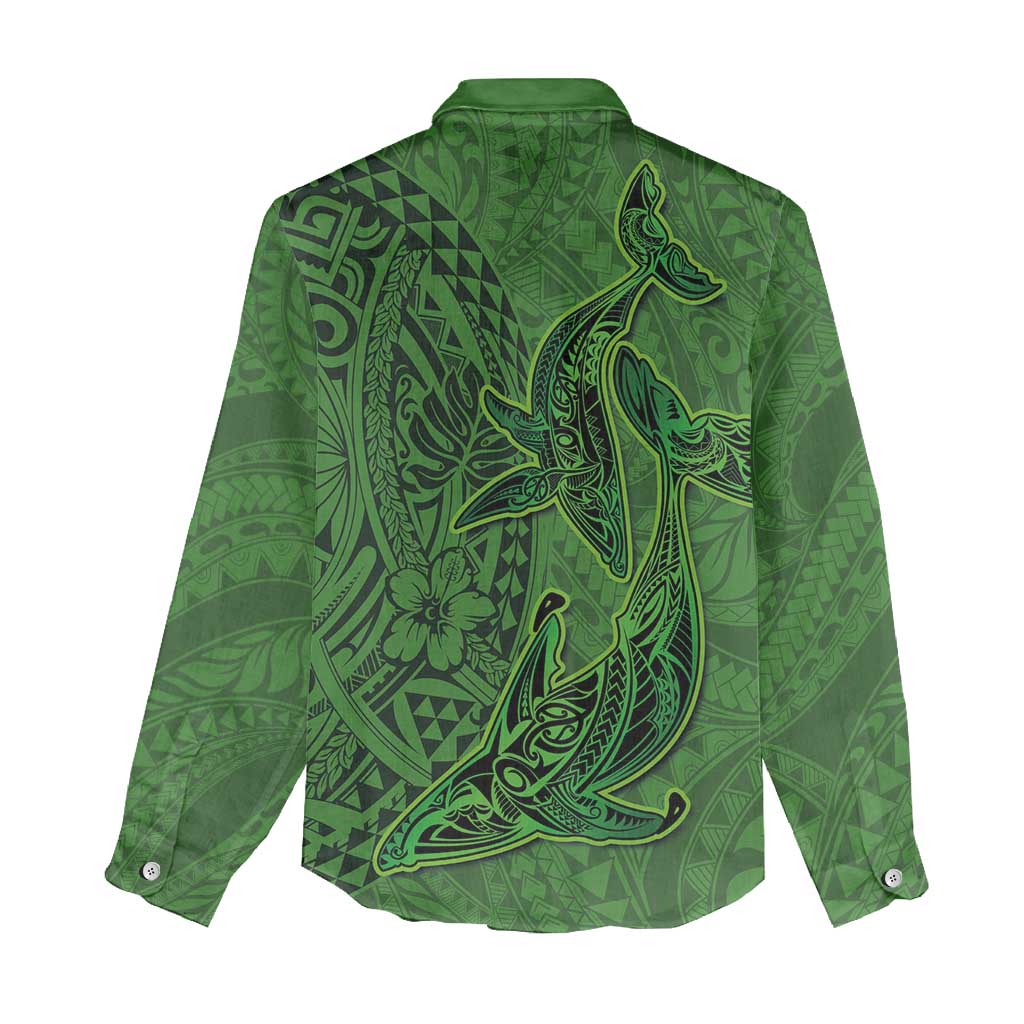 Hawaiian Whales Polynesian Art Motifs Women Casual Shirt Green Color LT03 - Polynesian Pride
