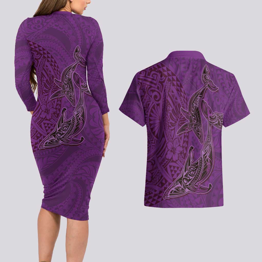 Hawaiian Whales Polynesian Art Motifs Couples Matching Long Sleeve Bodycon Dress and Hawaiian Shirt Purple Color LT03 - Polynesian Pride