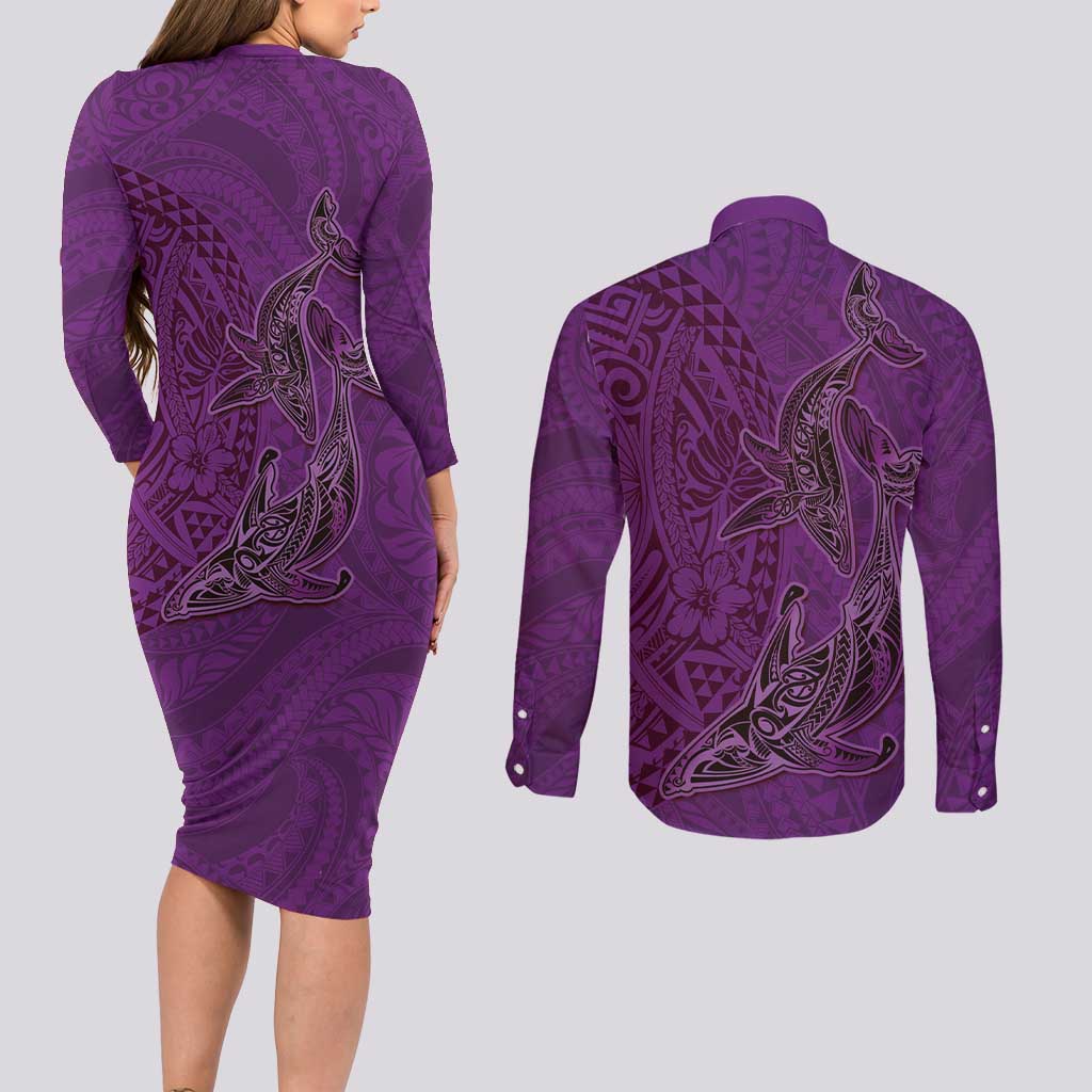 Hawaiian Whales Polynesian Art Motifs Couples Matching Long Sleeve Bodycon Dress and Long Sleeve Button Shirt Purple Color LT03 - Polynesian Pride