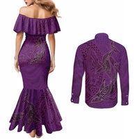 Hawaiian Whales Polynesian Art Motifs Couples Matching Mermaid Dress and Long Sleeve Button Shirt Purple Color LT03 - Polynesian Pride