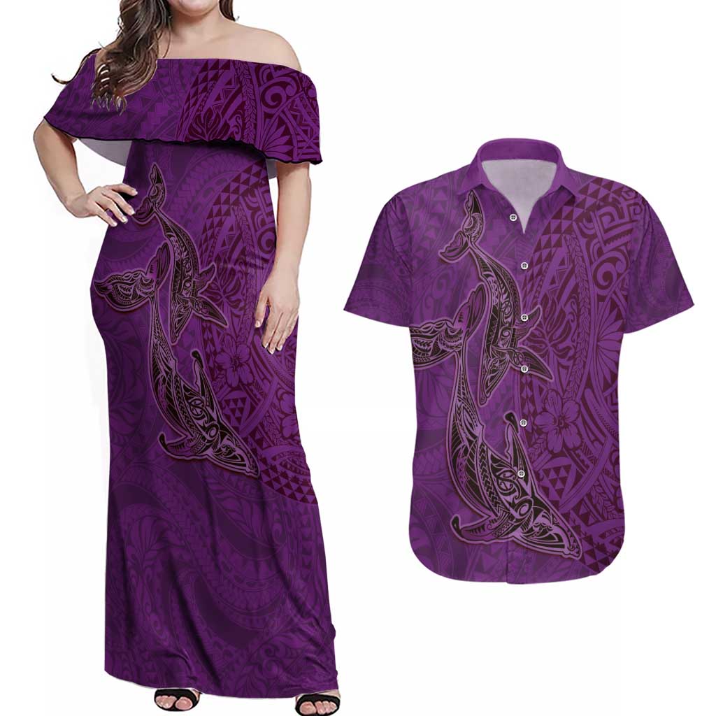 Hawaiian Whales Polynesian Art Motifs Couples Matching Off Shoulder Maxi Dress and Hawaiian Shirt Purple Color LT03 Purple - Polynesian Pride