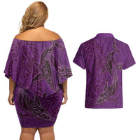 Hawaiian Whales Polynesian Art Motifs Couples Matching Off Shoulder Short Dress and Hawaiian Shirt Purple Color LT03 - Polynesian Pride