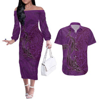Hawaiian Whales Polynesian Art Motifs Couples Matching Off The Shoulder Long Sleeve Dress and Hawaiian Shirt Purple Color LT03 Purple - Polynesian Pride