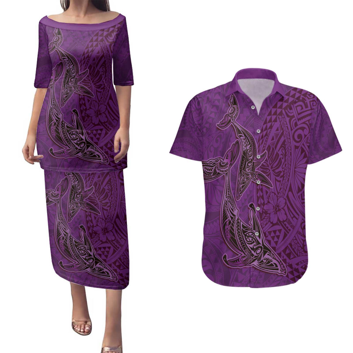 Hawaiian Whales Polynesian Art Motifs Couples Matching Puletasi and Hawaiian Shirt Purple Color - Polynesian Pride