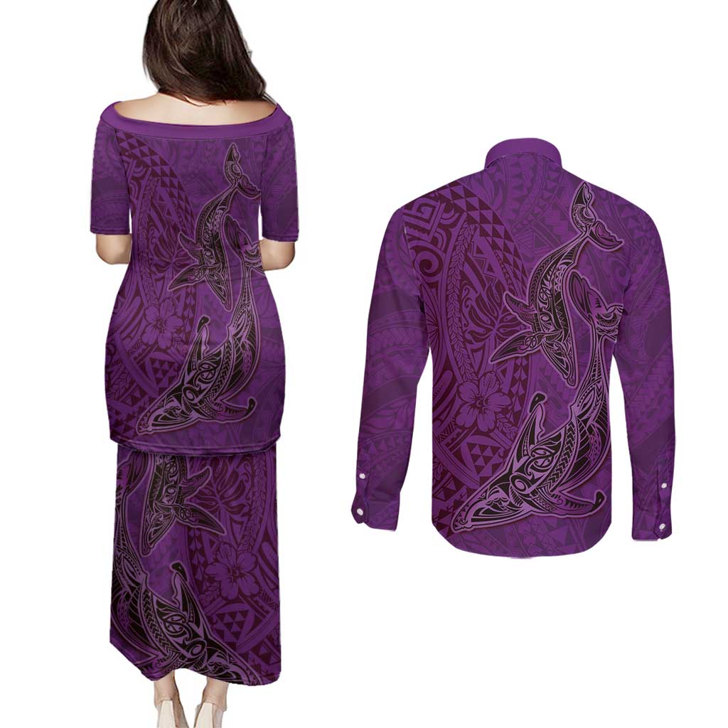 Hawaiian Whales Polynesian Art Motifs Couples Matching Puletasi and Long Sleeve Button Shirt Purple Color - Polynesian Pride