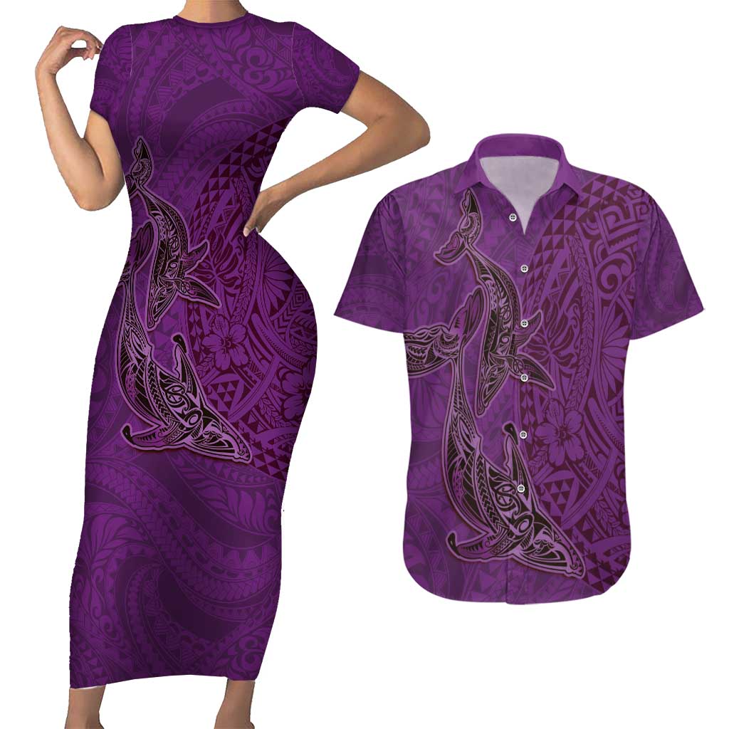 Hawaiian Whales Polynesian Art Motifs Couples Matching Short Sleeve Bodycon Dress and Hawaiian Shirt Purple Color LT03 Purple - Polynesian Pride