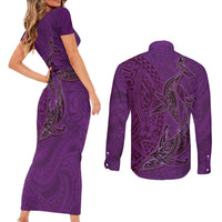 Hawaiian Whales Polynesian Art Motifs Couples Matching Short Sleeve Bodycon Dress and Long Sleeve Button Shirt Purple Color LT03 - Polynesian Pride
