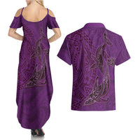 Hawaiian Whales Polynesian Art Motifs Couples Matching Summer Maxi Dress and Hawaiian Shirt Purple Color LT03 - Polynesian Pride