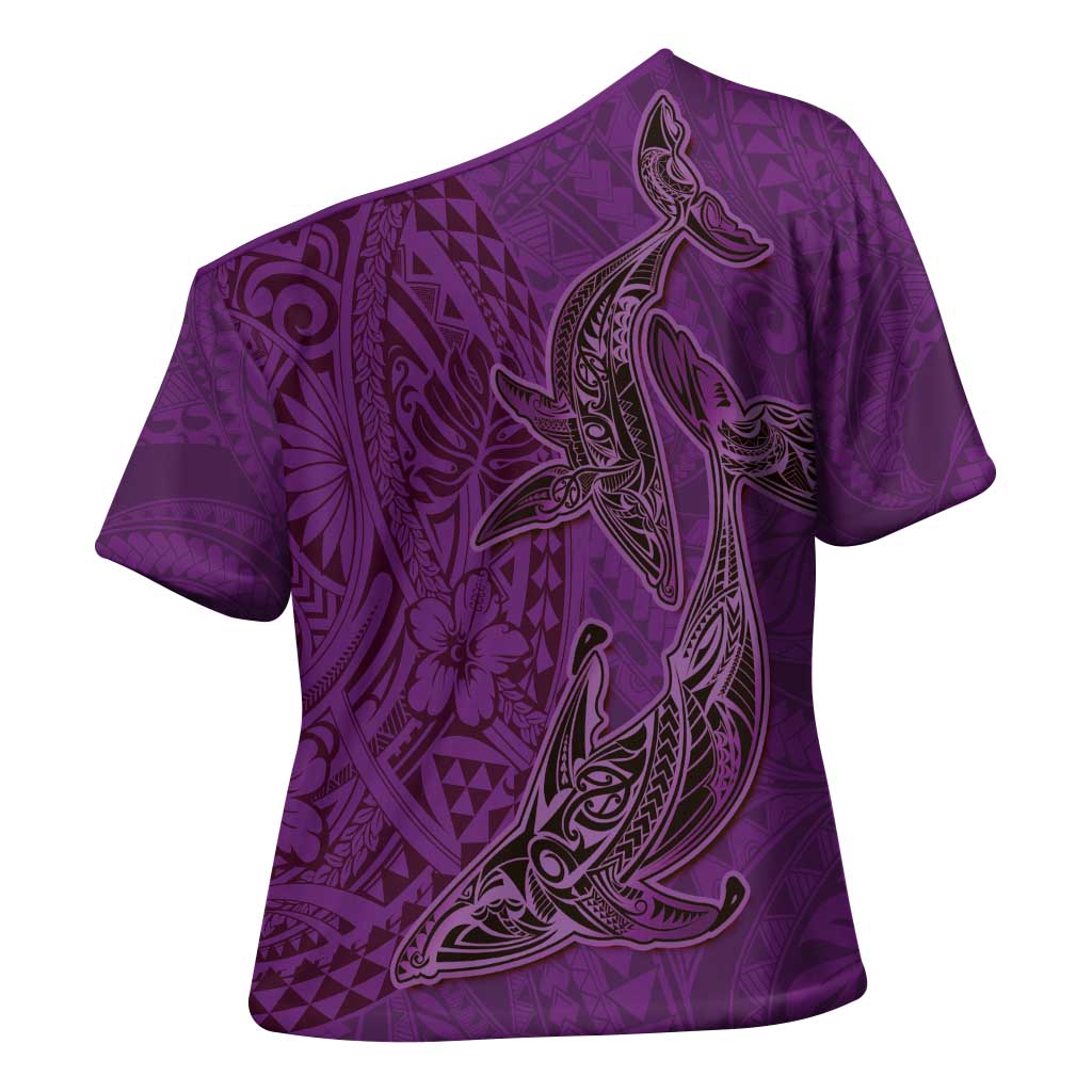 Hawaiian Whales Polynesian Art Motifs Cross Shoulder Shirt Purple Color - Polynesian Pride