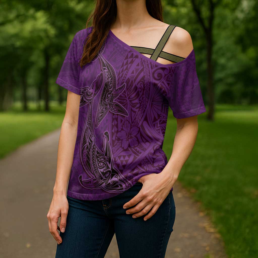 Hawaiian Whales Polynesian Art Motifs Cross Shoulder Shirt Purple Color - Polynesian Pride