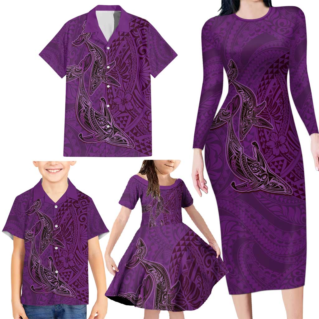 Hawaiian Whales Polynesian Art Motifs Family Matching Long Sleeve Bodycon Dress and Hawaiian Shirt Purple Color LT03 - Polynesian Pride