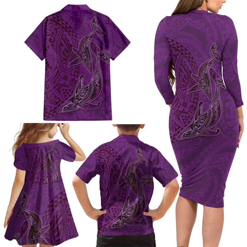 Hawaiian Whales Polynesian Art Motifs Family Matching Long Sleeve Bodycon Dress and Hawaiian Shirt Purple Color LT03 - Polynesian Pride