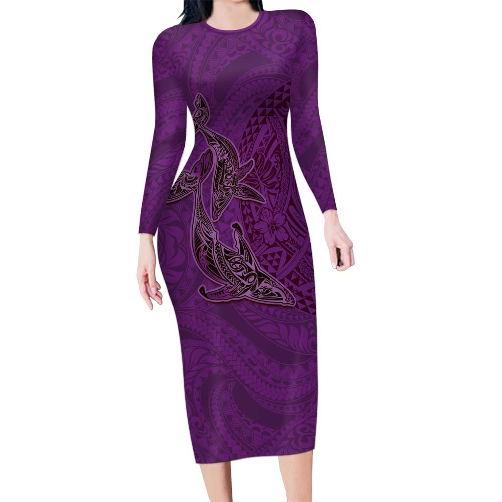 Hawaiian Whales Polynesian Art Motifs Family Matching Long Sleeve Bodycon Dress and Hawaiian Shirt Purple Color LT03 Mom's Dress Purple - Polynesian Pride