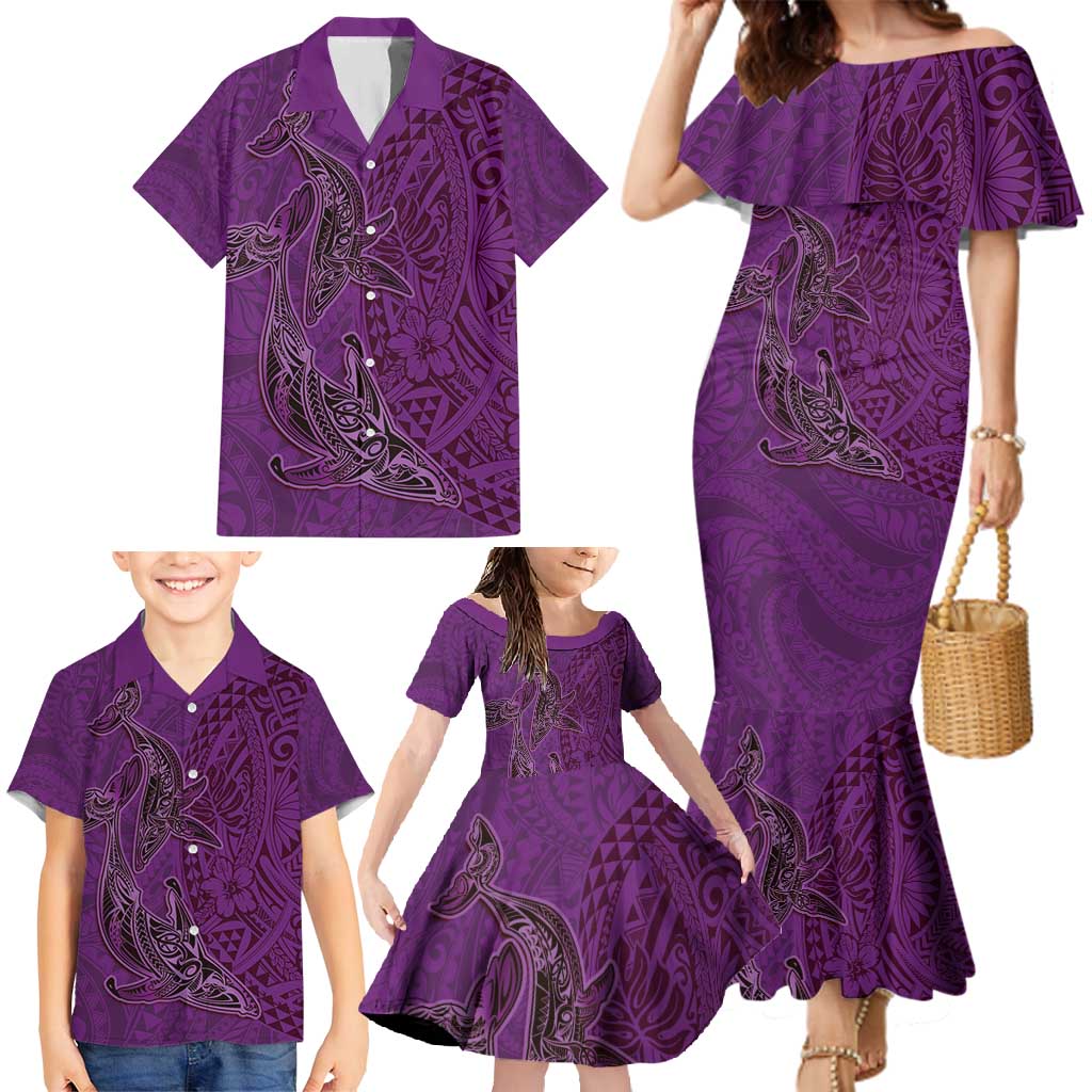 Hawaiian Whales Polynesian Art Motifs Family Matching Mermaid Dress and Hawaiian Shirt Purple Color LT03 - Polynesian Pride