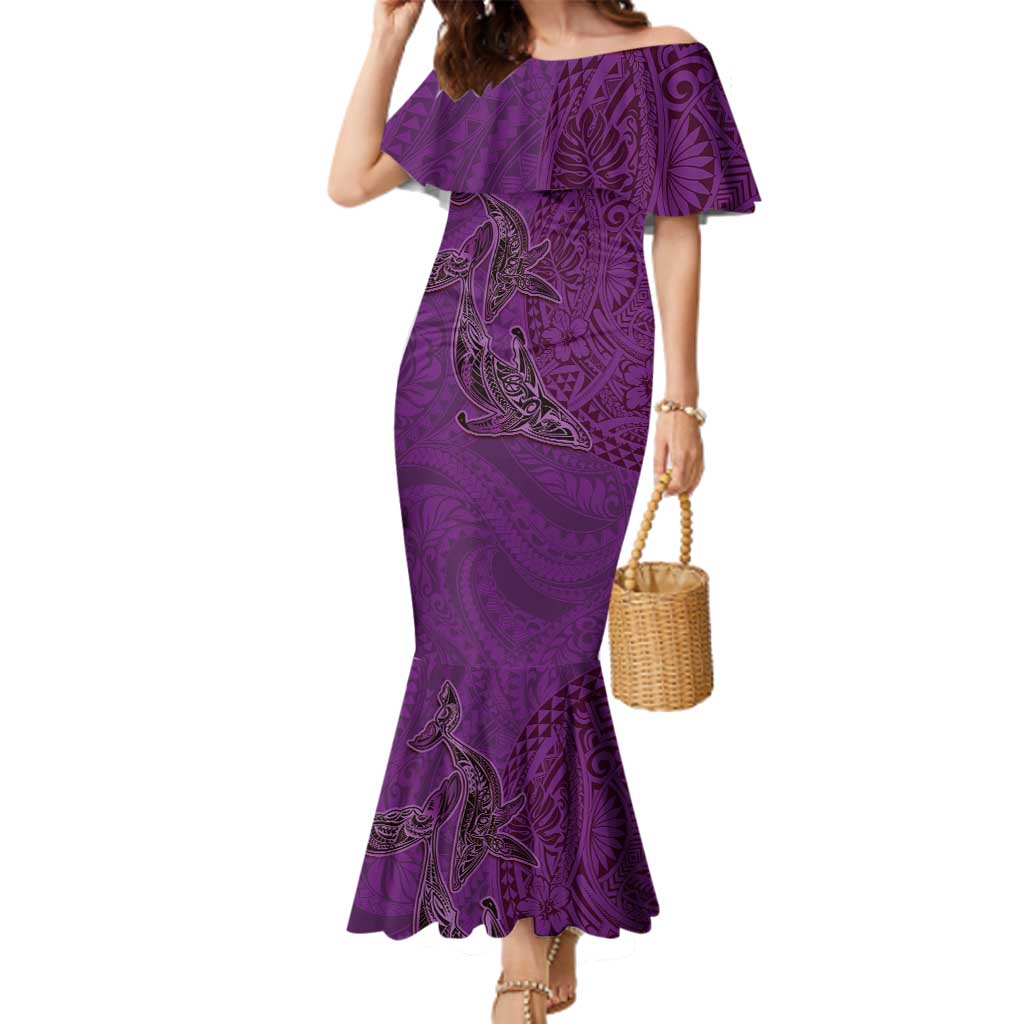 Hawaiian Whales Polynesian Art Motifs Family Matching Mermaid Dress and Hawaiian Shirt Purple Color LT03 Mom's Dress Purple - Polynesian Pride