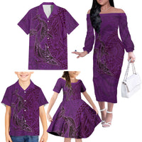 Hawaiian Whales Polynesian Art Motifs Family Matching Off The Shoulder Long Sleeve Dress and Hawaiian Shirt Purple Color LT03 - Polynesian Pride
