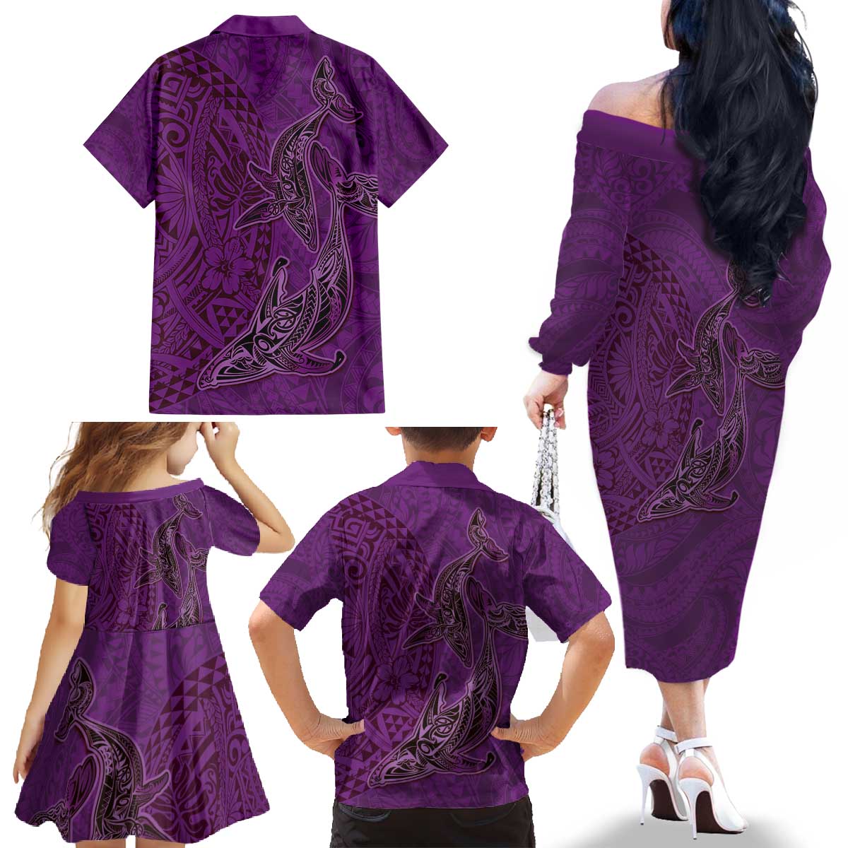 Hawaiian Whales Polynesian Art Motifs Family Matching Off The Shoulder Long Sleeve Dress and Hawaiian Shirt Purple Color LT03 - Polynesian Pride