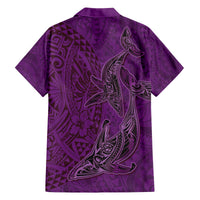 Hawaiian Whales Polynesian Art Motifs Family Matching Off The Shoulder Long Sleeve Dress and Hawaiian Shirt Purple Color LT03 - Polynesian Pride