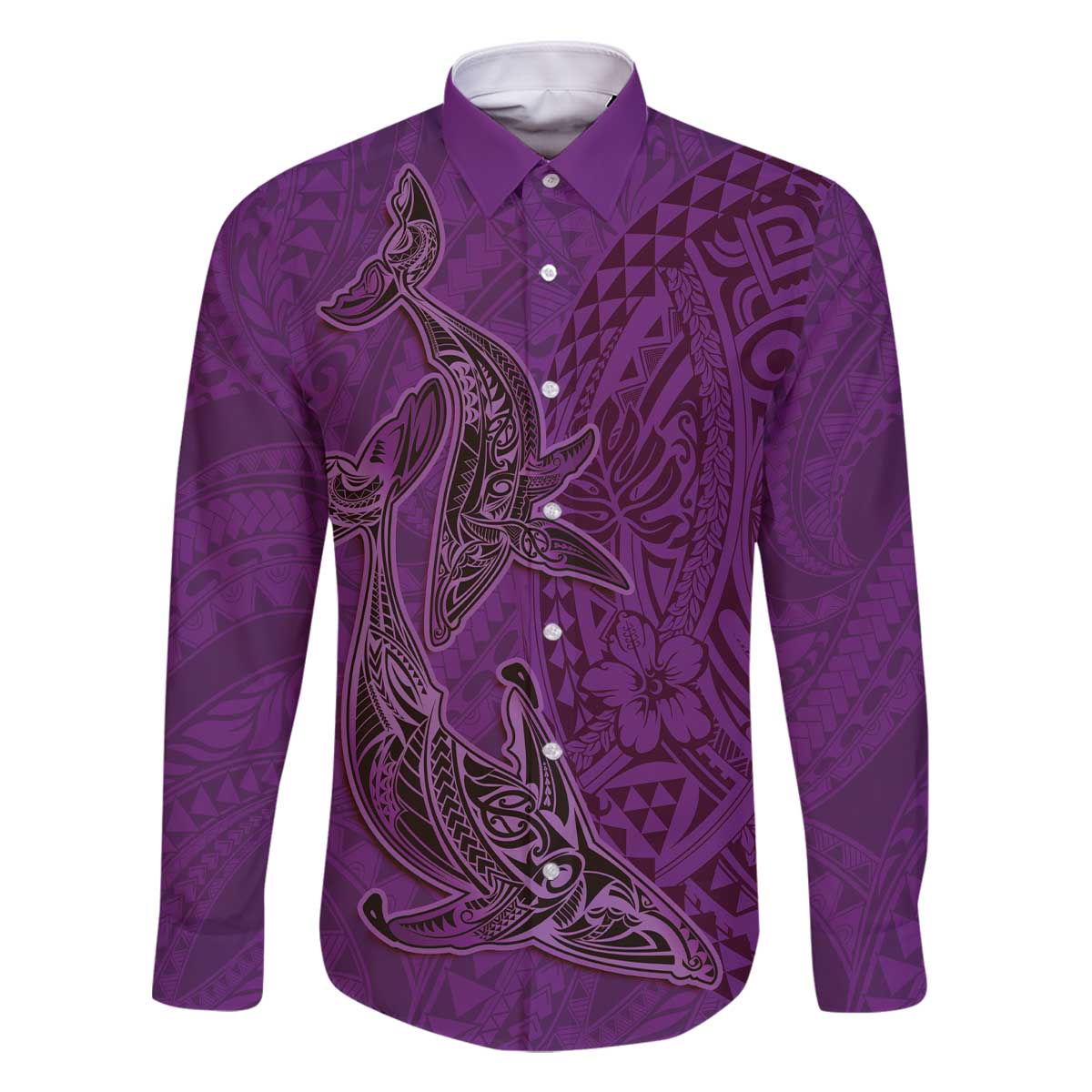 Hawaiian Whales Polynesian Art Motifs Family Matching Off The Shoulder Long Sleeve Dress and Hawaiian Shirt Purple Color LT03 Dad's Shirt - Long Sleeve Purple - Polynesian Pride