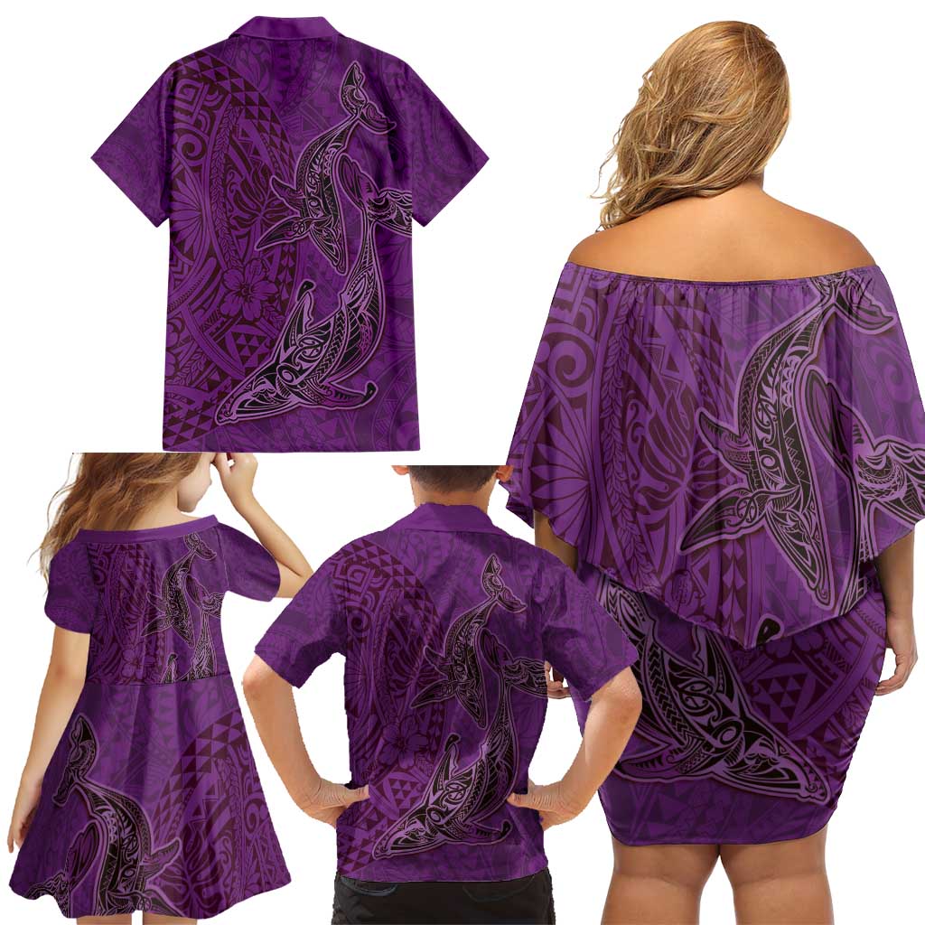 Hawaiian Whales Polynesian Art Motifs Family Matching Off Shoulder Short Dress and Hawaiian Shirt Purple Color LT03 - Polynesian Pride