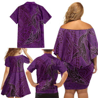 Hawaiian Whales Polynesian Art Motifs Family Matching Off Shoulder Short Dress and Hawaiian Shirt Purple Color LT03 - Polynesian Pride
