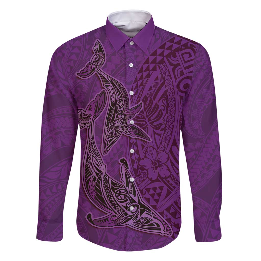 Hawaiian Whales Polynesian Art Motifs Family Matching Off Shoulder Short Dress and Hawaiian Shirt Purple Color LT03 Dad's Shirt - Long Sleeve Purple - Polynesian Pride
