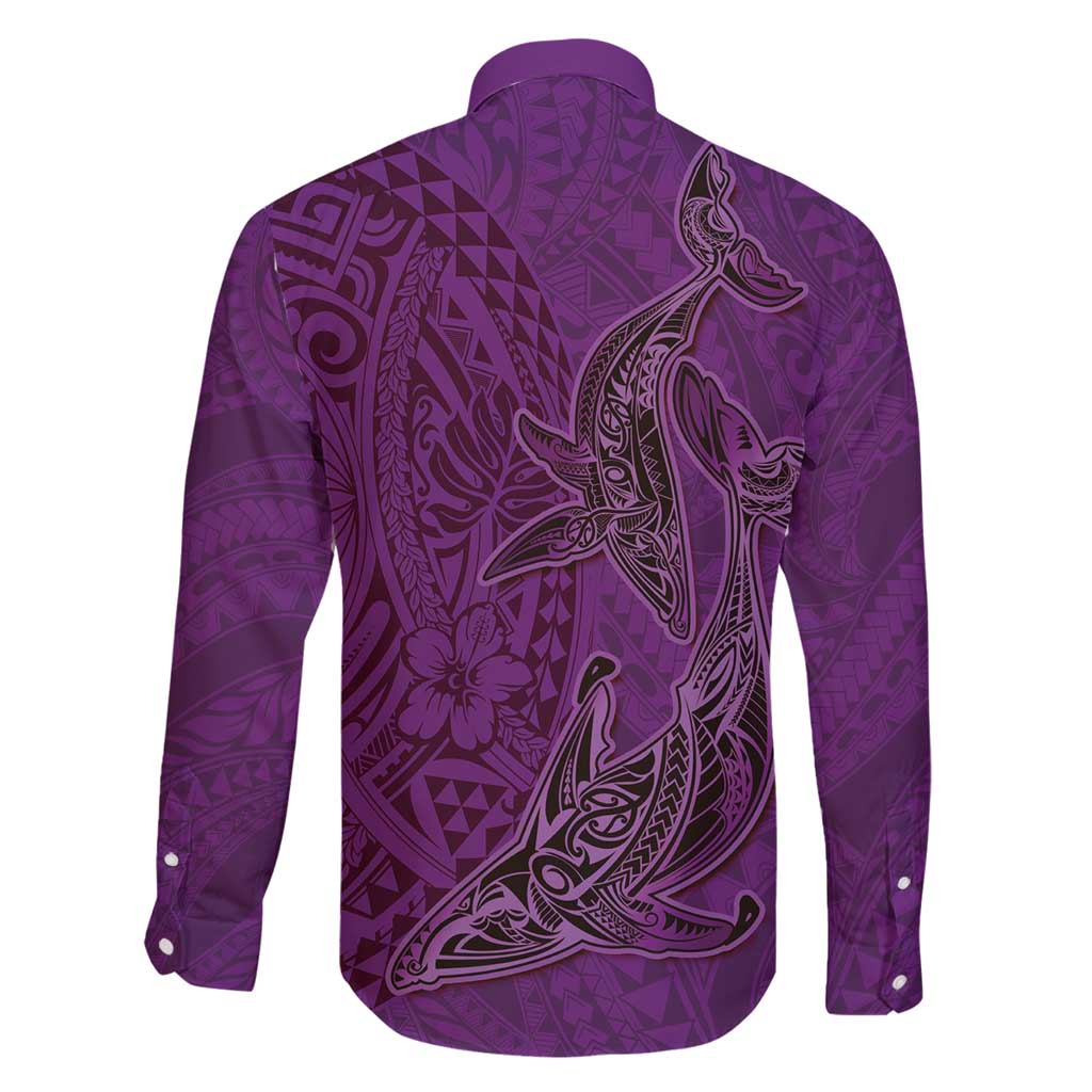 Hawaiian Whales Polynesian Art Motifs Family Matching Off Shoulder Short Dress and Hawaiian Shirt Purple Color LT03 - Polynesian Pride