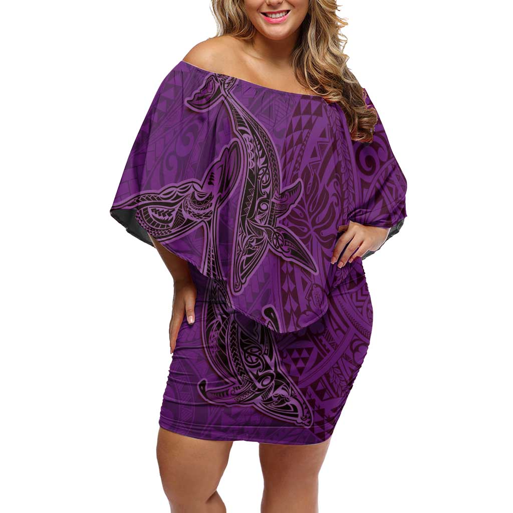 Hawaiian Whales Polynesian Art Motifs Family Matching Off Shoulder Short Dress and Hawaiian Shirt Purple Color LT03 Mom's Dress Purple - Polynesian Pride
