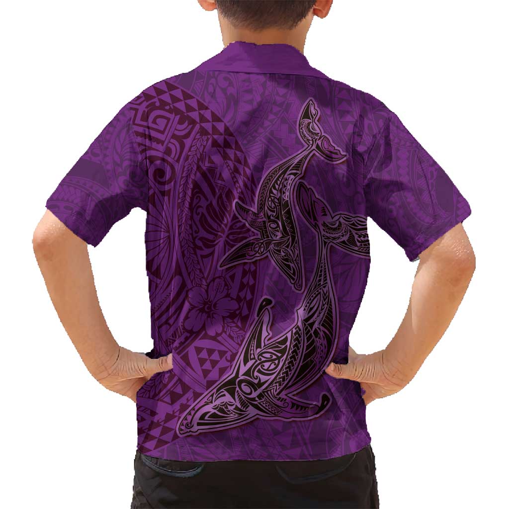 Hawaiian Whales Polynesian Art Motifs Family Matching Puletasi and Hawaiian Shirt Purple Color LT03 - Polynesian Pride