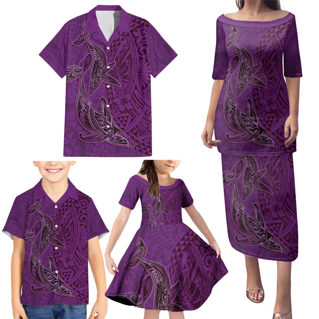Hawaiian Whales Polynesian Art Motifs Family Matching Puletasi and Hawaiian Shirt Purple Color LT03 - Polynesian Pride