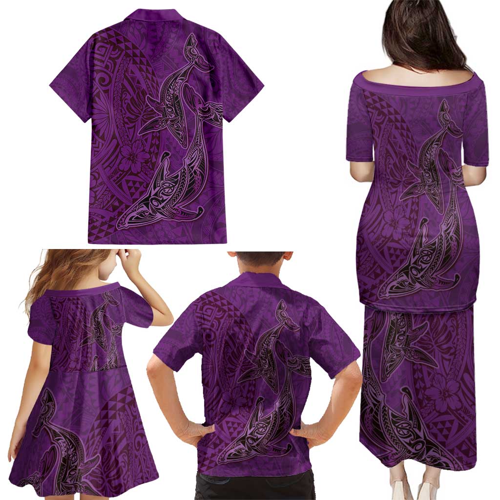 Hawaiian Whales Polynesian Art Motifs Family Matching Puletasi and Hawaiian Shirt Purple Color LT03 - Polynesian Pride