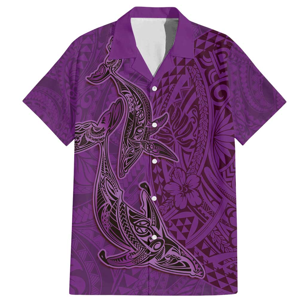 Hawaiian Whales Polynesian Art Motifs Family Matching Puletasi and Hawaiian Shirt Purple Color LT03 Dad's Shirt - Short Sleeve Purple - Polynesian Pride