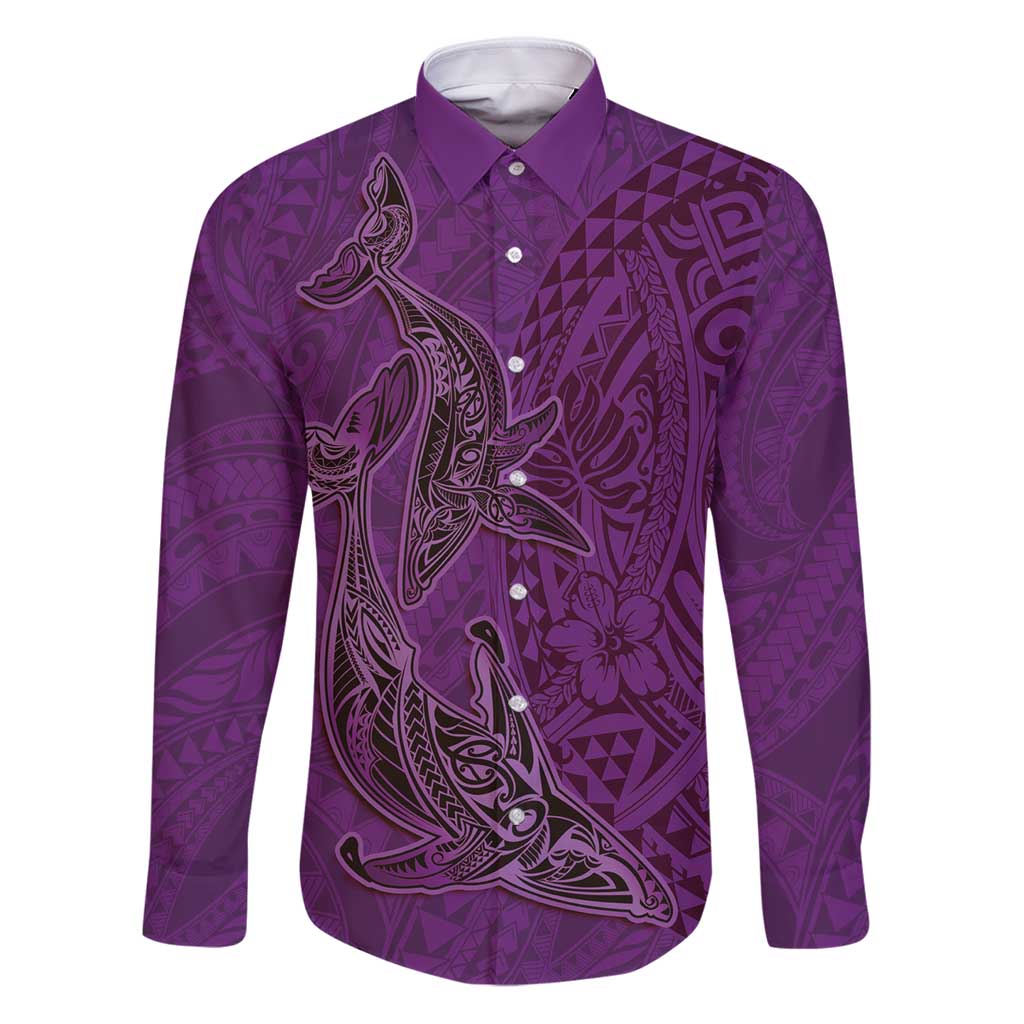 Hawaiian Whales Polynesian Art Motifs Family Matching Puletasi and Hawaiian Shirt Purple Color LT03 Dad's Shirt - Long Sleeve Purple - Polynesian Pride