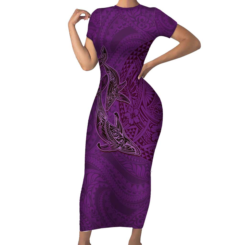 Hawaiian Whales Polynesian Art Motifs Family Matching Short Sleeve Bodycon Dress and Hawaiian Shirt Purple Color LT03 Mom's Dress Purple - Polynesian Pride