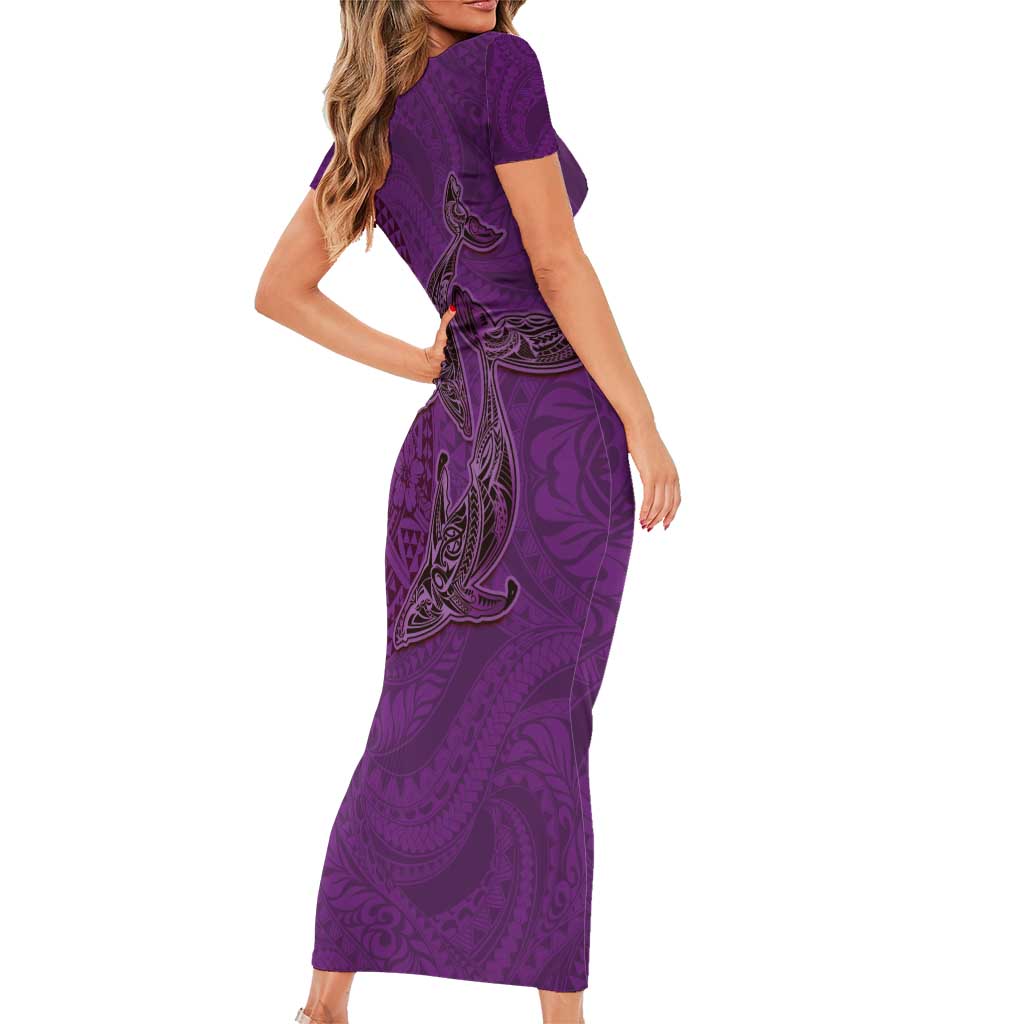 Hawaiian Whales Polynesian Art Motifs Family Matching Short Sleeve Bodycon Dress and Hawaiian Shirt Purple Color LT03 - Polynesian Pride