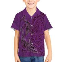 Hawaiian Whales Polynesian Art Motifs Family Matching Short Sleeve Bodycon Dress and Hawaiian Shirt Purple Color LT03 Son's Shirt Purple - Polynesian Pride