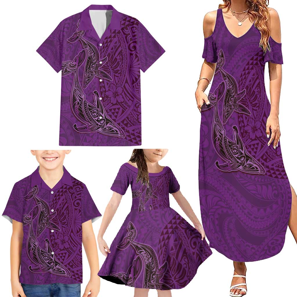 Hawaiian Whales Polynesian Art Motifs Family Matching Summer Maxi Dress and Hawaiian Shirt Purple Color LT03 - Polynesian Pride