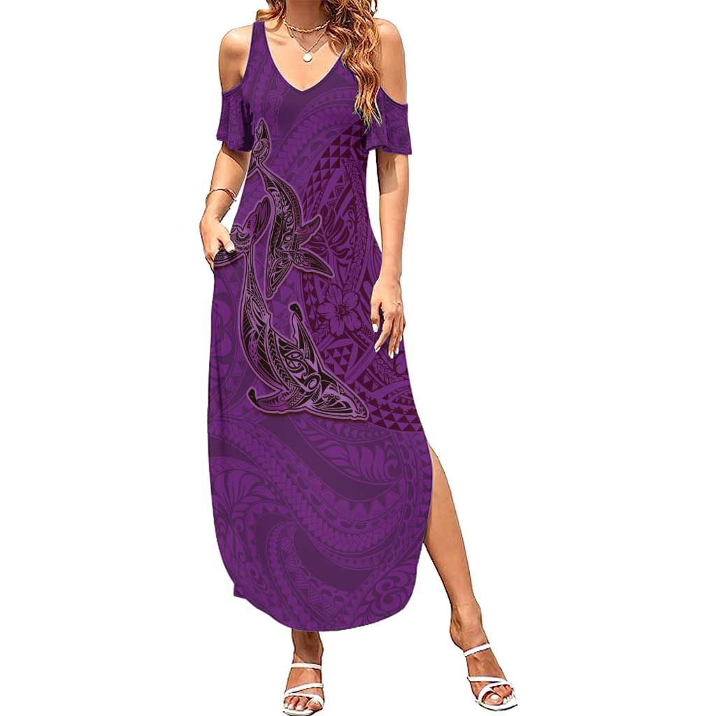 Hawaiian Whales Polynesian Art Motifs Family Matching Summer Maxi Dress and Hawaiian Shirt Purple Color LT03 Mom's Dress Purple - Polynesian Pride