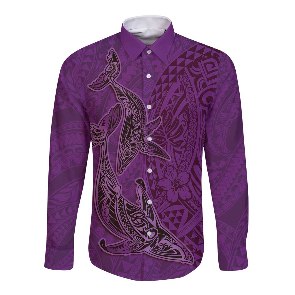 Hawaiian Whales Polynesian Art Motifs Long Sleeve Button Shirt Purple Color - Polynesian Pride