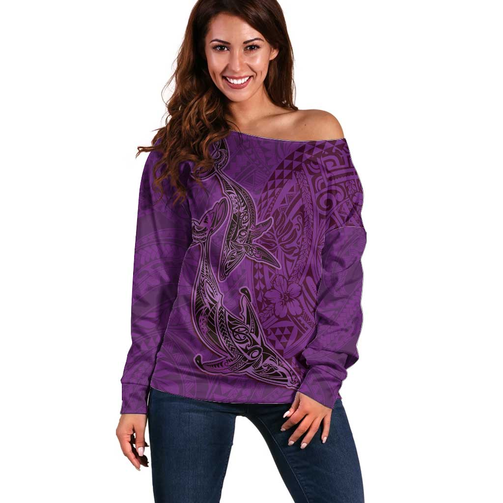 Hawaiian Whales Polynesian Art Motifs Off Shoulder Sweater Purple Color - Polynesian Pride