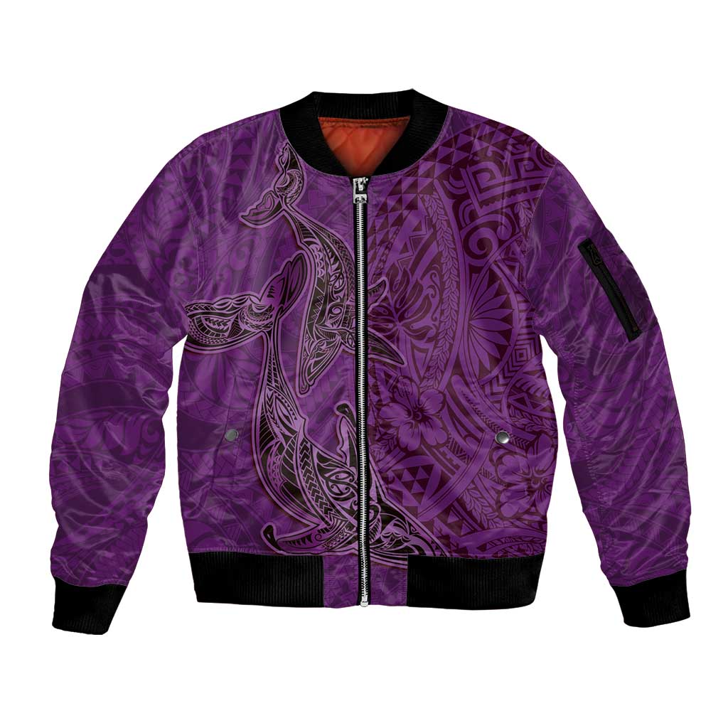 Hawaiian Whales Polynesian Art Motifs Sleeve Zip Bomber Jacket Purple Color - Polynesian Pride