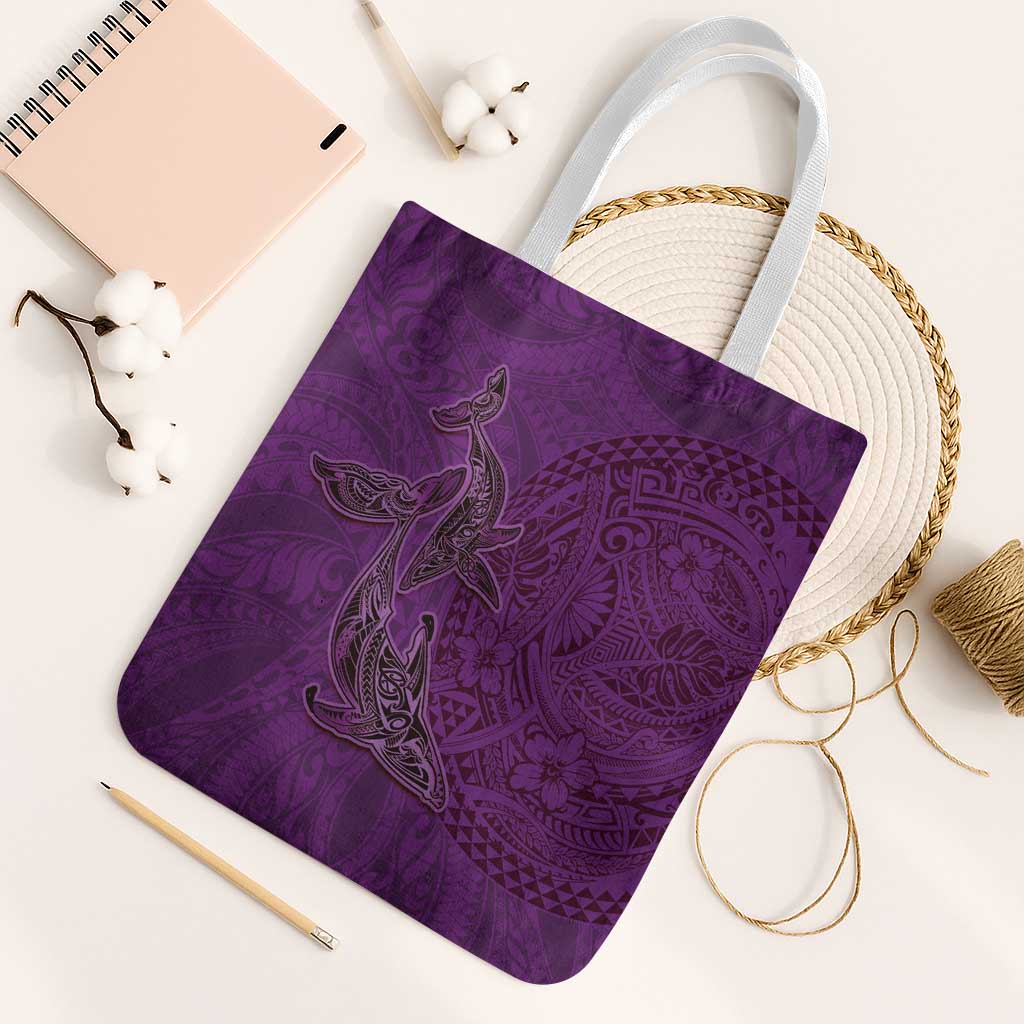 Hawaiian Whales Polynesian Art Motifs Tote Bag Purple Color - Polynesian Pride